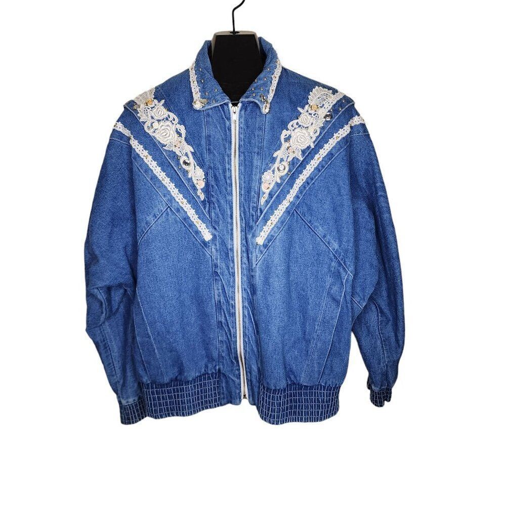 Vintage 90s Country Denim Jean Jacket Womens Size L Blue Lace Bomber